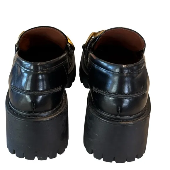 Zara Women's Gold Chain Platform Y2K Chunky Black Leather Lug Loafers EU 37/US 6